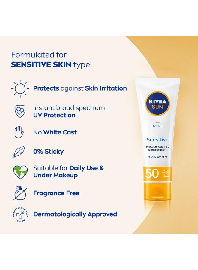 نيفيا كريم نيفيا صن للوجه الحساس بعامل حماية من الشمس SPF 50 (50 مل)، واقي شمسي يحمي من أشعة UVA/UVB وشيخوخة الجلد المبكرة، كريم واقي من الشمس للبشرة الحساسة للوجه. - Image 3